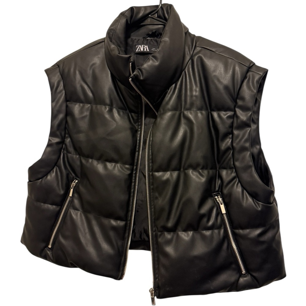 Zara Sleek Black Quilted leather looking puffy Vest new without tag